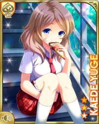 Rule 34 | 1girl, blonde hair, blue eyes, card, character name, eating, food, girlfriend (kari), necktie, official art, open mouth, outdoors, plaid, plaid skirt, qp:flapper, red necktie, red skirt, school uniform, shirt, sitting, skirt, smile, solo, stairs, tagme, white shirt, yuge kaede