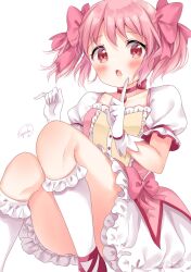 Rule 34 | 1girl, blush, bow, bow skirt, bowtie, bubble skirt, dress, frilled socks, frills, gloves, good thighs day, hair bow, highres, index finger raised, kaname madoka, knees up, looking at viewer, mahou shoujo madoka magica, mahou shoujo madoka magica (anime), open mouth, pink bow, pink bowtie, pink dress, pink eyes, pink hair, pinky out, puffy short sleeves, puffy sleeves, short sleeves, short twintails, signature, simple background, sitting, skirt, socks, solo, soul gem, sugutsuka rerun, thighs, twintails, white background, white gloves, white socks