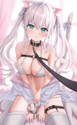 Rule 34 | 1girl, ahoge, animal ear fluff, animal ears, aqua eyes, bare shoulders, belt, belt collar, bikini, black belt, blue nails, blush, bow, bow bikini, breasts, cat ears, cat girl, cat tail, chest strap, cleavage, closed mouth, collar, collarbone, commentary request, cross, cross earrings, cuffs, ear piercing, earrings, fang, fang out, fingernails, front-tie bikini top, front-tie top, grey tail, halterneck, handcuffs, heart, highres, jacket, jewelry, knees out of frame, large breasts, leash, long fingernails, long hair, looking at viewer, mole, mole under eye, nail polish, navel, off shoulder, open clothes, open jacket, original, piercing, ribbon, sidelocks, sitting, solo, stomach, string bikini, swimsuit, tail, tail bow, tail ornament, tail raised, tail ribbon, tearing up, thigh belt, thigh strap, thighhighs, thighs, twintails, uni ikura, very long hair, viewer holding leash, wariza, white bikini, white hair, white jacket, white thighhighs