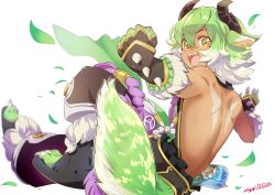 Rule 34 | 10s, 1boy, absurdres, animal ears, dark skin, dark-skinned male, gajel (last period), gloves, green hair, highres, horns, last period, looking at viewer, male focus, multicolored hair, official art, open mouth, smile, solo, two-tone hair, white hair, yellow eyes