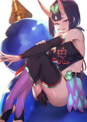 Rule 34 | 1girl, ass, bare shoulders, black thighhighs, blush, breasts, chinese clothes, detached sleeves, dudou, earrings, eyeliner, fang, fate/grand order, fate (series), forehead jewel, gourd, headpiece, heart, highres, horns, ibuki notsu, jewelry, knees up, legs, looking at viewer, low twintails, makeup, oni, purple eyes, purple hair, short eyebrows, short hair, shuten douji (fate), shuten douji (fate/grand order), shuten douji (halloween caster) (fate), simple background, sitting, skin-covered horns, slit pupils, smile, solo, thighhighs, thighs, toeless legwear, twintails, white background