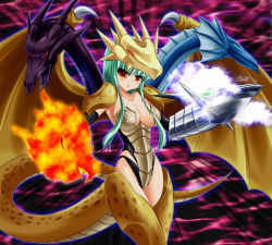 Rule 34 | 1girl, :o, blush, breasts, bunji, cleavage, collarbone, commentary, cowboy shot, dragon, dragon girl, dragon tail, dragon wings, duel monster, five-headed dragon, green hair, large breasts, leotard, looking at viewer, mecha musume, monster girl, multiple heads, personification, red eyes, solo, standing, tail, wings, yu-gi-oh!