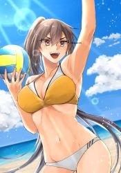 Rule 34 | 1girl, arm up, ball, beach, beach volleyball, bikini, black hair, blush, breasts, cleavage, cloud, commentary request, day, hair between eyes, highres, kantai collection, large breasts, long hair, machi (ritovoyage), nagato (kancolle), ocean, open mouth, outdoors, red eyes, sky, solo, swimsuit, twitter username, very long hair, volleyball, volleyball (object), white bikini, yellow bikini