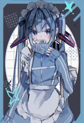 Rule 34 | absurdres, apron, blue eyes, blue hair, blush, commentary, hair ornament, hatsune miku, highres, jacket, jersey maid, long hair, m i o spring, maid, maid apron, maid headdress, pacifier, solo, track jacket, turtleneck, turtleneck jacket, twintails, unconventional maid, vocaloid, white apron, x hair ornament