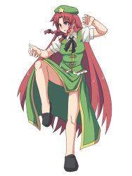 Rule 34 | 1girl, blue eyes, braid, chinese clothes, dai (touhou handdrawn), female focus, gazacy (dai), hat, hong meiling, long hair, puffy sleeves, red hair, short sleeves, solo, stance, star (symbol), touhou, twin braids, very long hair, white background