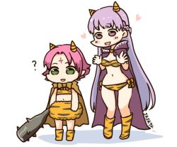 Rule 34 | 2girls, alternate costume, animal print, bad id, bad twitter id, cape, club, club (weapon), facial mark, fae (fire emblem), fake horns, fire emblem, fire emblem: the binding blade, fire emblem heroes, forehead mark, green eyes, holding, horns, kanabou, long hair, multiple girls, nintendo, oni costume, oni horns, open mouth, pointy ears, purple eyes, purple hair, short hair, simple background, sksk7r, sophia (fire emblem), spiked club, standing, tiger print, weapon, white background