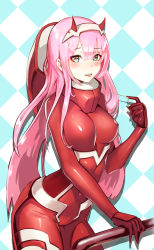 Rule 34 | 1girl, absurdres, argyle, argyle background, argyle clothes, blue eyes, blush, bodysuit, breasts, covered navel, cowboy shot, darling in the franxx, doha skylightscent, gloves, hairband, highres, horns, long hair, looking at viewer, medium breasts, oni horns, pink hair, red bodysuit, red gloves, red horns, saliva, simple background, solo, standing, very long hair, white hairband, zero two (darling in the franxx)
