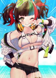 Rule 34 | 1girl, bad id, bad pixiv id, bare shoulders, beach, bikini, black hair, black shorts, blue hair, blue sky, blush, breasts, cleavage, fate/grand order, fate (series), green hat, grin, hat, headphones, headphones around neck, jacket, large breasts, long hair, looking at viewer, multicolored hair, navel, off shoulder, one eye closed, open clothes, open jacket, red hair, sei shounagon (fate), sei shounagon (swimsuit berserker) (fate), short shorts, shorts, sidelocks, sky, smile, solo, swimsuit, thighs, twintails, uhhgaoh, visor cap, white bikini, white jacket, yellow eyes