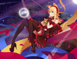 Rule 34 | 1girl, animal ears, ankle cuffs, black thighhighs, blonde hair, blue ribbon, blush, bug, butterfly, cat ears, cat tail, choker, cross, cross print, detached collar, detached sleeves, dress, flipped hair, frilled dress, frills, hairband, high heels, highres, insect, lens flare, long hair, long legs, nail polish, original, petals, pink nails, platform footwear, red ribbon, ribbon, sitting, solo, sonikey0 0, stuffed animal, stuffed toy, tail, teddy bear, thighhighs, wrist cuffs, yellow ribbon