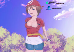 Rule 34 | 1girl, :d, absurdres, artist name, bad anatomy, bandana, bike shorts under skirt, blue eyes, blush, breasts, brown hair, cleavage, cloud, collarbone, collared shirt, commentary, cowboy shot, creatures (company), day, deviantart logo, deviantart username, eyelashes, fanny pack, game freak, gloves, highres, kurodeuzu, looking at viewer, may (pokemon), nintendo, non-web source, open mouth, outdoors, pokemon, pokemon rse, red bandana, red shirt, self-upload, shirt, skirt, sky, small breasts, smile, solo, teeth, tongue, upper teeth only, watermark, white skirt, yellow bag