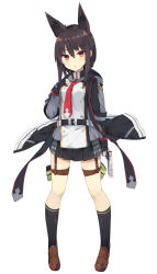 Rule 34 | 1girl, :o, animal ears, arm at side, armband, belt, belt buckle, black gloves, black hair, black skirt, black socks, blush, brown footwear, buckle, buttons, double-breasted, emblem, full body, gloves, grey jacket, gun, hand on own chest, handgun, highres, holding, holding gun, holding weapon, holster, jacket, kneehighs, legs apart, loafers, long sleeves, looking at viewer, miniskirt, necktie, nibiiro shizuka, open clothes, open jacket, open mouth, original, partially fingerless gloves, pigeon-toed, pistol, plaid, plaid skirt, pleated skirt, red eyes, red necktie, shoes, short hair with long locks, sidelocks, simple background, skirt, socks, solo, standing, thigh holster, thigh strap, uniform, v-shaped eyebrows, weapon, white background
