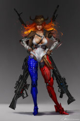 Rule 34 | 1girl, ammunition belt, anastasia bulgakova, artist name, blood, blood on arm, breasts, brown gloves, brown hat, closed eyes, closed mouth, criss-cross halter, flaming hair, freckles, full body, gloves, gun, halterneck, hands on own hips, hat, highres, long hair, mechanical arms, mechanical legs, orange hair, original, realistic, rifle, signature, solo, standing, weapon