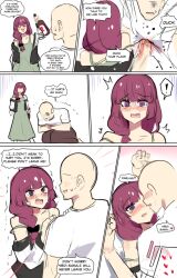 Rule 34 | !, 1boy, 1girl, absurdres, alcohol, bald, bocchi the rock!, bottle, braid, comic, crying, crying with eyes open, dress, english text, faceless, faceless male, hetero, highres, hinghoi, hiroi kikuri, holding, holding bottle, long hair, open mouth, pain, punching, purple eyes, sharp teeth, shirt, smile, speech bubble, spoken exclamation mark, stomach punch, tearing up, tears, teeth, white shirt