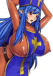 Rule 34 | 1girl, arms up, belt, blue hair, bodysuit, breasts, chunsoft, covered erect nipples, dragon quest, dragon quest iii, enix, female focus, hat, huge breasts, latex, latex suit, long hair, mesiuma joutai, nipples, pointy ears, priest (dq3), red eyes, simple background, solo, standing, tabard, white background