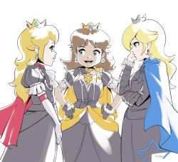 Rule 34 | 3girls, black dress, black gloves, blonde hair, blue eyes, brown hair, cape, crossover, crown, dress, earrings, elbow gloves, fire emblem, fire emblem: three houses, gloves, hands on own hips, highres, jewelry, long hair, looking at another, mario (series), mini crown, multiple girls, nintendo, parody, princess daisy, princess peach, puff and slash sleeves, puffy short sleeves, puffy sleeves, rosalina, short sleeves, simple background, stup-jam, super mario galaxy, super mario land, super princess peach, white background, white gloves