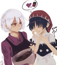 Rule 34 | 2girls, absurdres, apron, black apron, black dress, blush, bowl, breasts, candy, chocolate, chocolate bar, closed eyes, closed mouth, collared dress, commentary request, cooking, doremy sweet, dress, food, grey dress, hair between eyes, hands up, hat, heart, highres, kishin sagume, long sleeves, looking at another, medium breasts, multiple girls, open mouth, pom pom (clothes), purple dress, purple eyes, purple hair, red headwear, short hair, short sleeves, silver hair, simple background, single wing, standing, tail, thinking, totopepe888, touhou, white background, wings