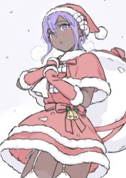 Rule 34 | 1girl, alternate costume, arm warmers, bell, blush, bow, capelet, christmas, cowboy shot, dark-skinned female, dark skin, dress, fate/grand order, fate (series), from below, fur-trimmed capelet, fur-trimmed dress, fur-trimmed headwear, fur trim, garter straps, gloves, hair between eyes, hassan of serenity (fate), hat, holding, hyakuashi2525, long hair, looking at viewer, open mouth, panties, purple eyes, purple hair, red capelet, ribbon, sack, santa costume, santa hat, short hair, side-tie panties, simple background, solo, standing, thighhighs, thighs, translation request, underwear, white background, white panties, white thighhighs