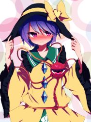 Rule 34 | 1girl, bad id, bad twitter id, black hat, blush, bow, closed mouth, cosplay, cowboy shot, embarrassed, eyeball, floral print, frilled shirt collar, frilled sleeves, frills, frown, green skirt, hat, hat bow, heart, komeiji koishi, komeiji koishi (cosplay), komeiji satori, long sleeves, looking away, nose blush, pink eyes, pulling, purple hair, shirt, short hair, skirt, solo, sweat, third eye, touhou, wavy mouth, wide sleeves, yellow bow, yellow shirt, you (noanoamoemoe)