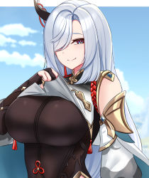 Rule 34 | 1girl, bare shoulders, black bodysuit, blue eyes, blue hair, bodysuit, breast curtains, breasts, bright pupils, cape, clothes lift, clothing cutout, detached sleeves, elbow gloves, genshin impact, gloves, gold trim, hair over one eye, highres, hip vent, kanta (kanta 077), large breasts, long hair, long sleeves, looking at viewer, partially fingerless gloves, shenhe (genshin impact), shoulder cutout, smile, solo, tassel, thigh cutout, white hair, white pupils