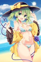 Rule 34 | 1girl, :d, beach, bikini, black hat, blue eyes, blue sky, breasts, cleavage, cloud, cloudy sky, day, dutch angle, eyeball, green eyes, green hair, hair ribbon, halterneck, hat, hat ribbon, heart, heart-shaped pupils, heart necklace, heart of string, highres, horizon, jewelry, komeiji koishi, looking at viewer, maturiuta sorato, medium breasts, medium hair, navel, necklace, off shoulder, open mouth, outdoors, pinky out, ribbon, sand, shirt, side-tie bikini bottom, sky, smile, solo, standing, stomach, string bikini, striped bikini, striped clothes, sun, swimsuit, symbol-shaped pupils, third eye, touhou, water, wide sleeves, yellow ribbon, yellow shirt