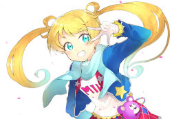 Rule 34 | 1girl, blonde hair, blue eyes, blue jacket, blue scarf, blush, commentary request, cropped jacket, gloves, grin, hand up, highres, jacket, kiratto pri chan, long hair, long sleeves, looking at viewer, miya kazutomo, moegi emo, open mouth, pouch, pretty series, red skirt, scarf, shirt, skirt, smile, solo, star (symbol), star print, twintails, w over eye, white background, white gloves, white shirt