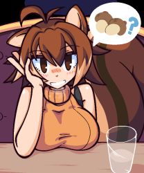 Rule 34 | 1girl, acorn, animal ears, antenna hair, average-hanzo, blazblue, blush stickers, breast rest, breasts, brown eyes, brown hair, casual, cup, drinking glass, jaggy lines, large breasts, looking at viewer, makoto nanaya, sexually suggestive, short hair, sitting, sleeveless, sleeveless turtleneck, solo, speech bubble, squirrel ears, squirrel tail, tail, turtleneck