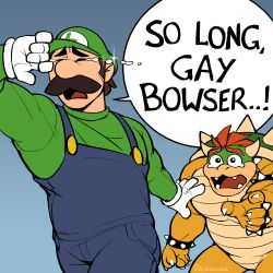 Rule 34 | 2boys, bara, bowser, brown hair, crying, english text, facial hair, feet out of frame, furry, furry male, hands up, highres, luigi, male focus, mario (series), meme, multiple boys, muscular, muscular male, mustache, nintendo, outstretched hand, racesolar, reaching, reaching towards viewer, running, sad, short hair, sparkle, speech bubble, super mario bros. 1, tearing up, yaoi