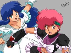 Rule 34 | 2girls, arm warmers, blue hair, bow, breasts, brooch, brown eyes, cleavage, collarbone, commentary, cosplay, cure black, cure black (cosplay), cure white, cure white (cosplay), dark-skinned female, dark skin, dirty pair, dress, earrings, fingerless gloves, frills, futari wa precure, gloves, green eyes, green headband, grey background, headband, heart, heart brooch, highres, jewelry, kei (dirty pair), large breasts, long hair, looking at viewer, magical girl, midriff, moechiki, multiple girls, open mouth, precure, puffy short sleeves, puffy sleeves, red hair, short hair, short sleeves, sidelocks, signature, tan, white dress, yuri (dirty pair)