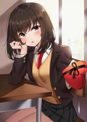 Rule 34 | 1girl, absurdres, backlighting, blazer, blush, box, box of chocolates, brown hair, buttons, candy, chair, chocolate, chocolate heart, classroom, collared shirt, commentary, day, desk, dot nose, food, gift, hand on own cheek, hand on own face, head rest, heart, heart-shaped box, highres, holding, holding box, holding gift, huge filesize, incoming gift, indoors, jacket, lapels, layered clothes, long sleeves, miniskirt, necktie, open mouth, original, pink eyes, pleated skirt, red necktie, school desk, school uniform, shirt, short hair, sidelocks, sitting, skirt, solo, sunhyun, uniform, valentine, white shirt, window