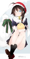 Rule 34 | 10s, 1girl, ;), ahoge, black gloves, blue eyes, blush, braid, brown hair, gloves, hair flaps, hair over shoulder, hat, kantai collection, long hair, looking at viewer, one eye closed, outside border, remodel (kantai collection), sack, santa hat, scarf, school uniform, shigure (kancolle), single braid, sino (sionori), skirt, smile, solo, the yuudachi-like creature, twitter username
