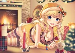 Rule 34 | 10s, 1girl, arm support, bekkourico, belt, blonde hair, blue eyes, blurry, blush, breasts, candle, cleavage, crop top, depth of field, fireplace, gift, hat, idolmaster, idolmaster cinderella girls, long hair, looking at viewer, medium breasts, merry christmas, midriff, navel, ohtsuki yui, open mouth, santa claus, santa costume, santa hat, skirt, smile, solo, striped clothes, striped legwear, striped thighhighs, thighhighs