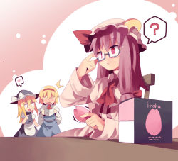 Rule 34 | 3girls, ?, alice margatroid, bespectacled, blonde hair, bow, box, commentary request, crescent, female focus, fuukadia (narcolepsy), glasses, hairband, hat, hat bow, heart, iroha (tenga), kirisame marisa, long hair, multiple girls, patchouli knowledge, purple hair, sex toy, short hair, spoken heart, ^^^, touhou, vibrator