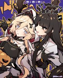 Rule 34 | !, 2girls, ahoge, animal ears, antlers, antlers through headwear, antlers through hood, arknights, armor, artist name, ascot, belt, belt buckle, black ascot, black belt, black dress, black eyes, black gloves, black hair, black halo, black outline, black sleeves, black wings, blonde hair, blue eyes, blunt bangs, blush, breasts, broken halo, buckle, chinese commentary, cloak, collared jacket, commentary request, dark halo, deer antlers, deer ears, deer girl, detached wings, dress, energy wings, english text, eye contact, food, from side, gauntlets, gloves, hair between eyes, hair ornament, halloween, halo, hands up, highres, hime cut, holding, holding food, holding pumpkin, holding vegetable, hood, hooded cloak, horns, jack-o&#039;-lantern, jacket, kyou 039, large breasts, leaning on person, long hair, long sleeves, looking at another, mole, mole under eye, multicolored cloak, multicolored clothes, multicolored dress, multicolored gloves, multiple girls, o o, open cloak, open clothes, outline, outstretched hand, parted lips, profile, pumpkin, purple background, red cloak, red hood, short-sleeved jacket, short sleeves, sidelocks, smile, speech bubble, splatter background, spoken exclamation mark, star (symbol), surprised, twitter username, upper body, vegetable, very long hair, virtuosa (arknights), viviana (arknights), white belt, white cloak, white dress, white gloves, white hood, white jacket, white outline, wings, x hair ornament, yellow outline