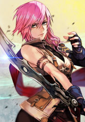Rule 34 | 1girl, armlet, armor, asymmetrical clothes, blurry, cape, depth of field, elbow gloves, final fantasy, final fantasy xiii, fingerless gloves, gloves, gunblade, hungry clicker, lightning farron, looking at viewer, medium hair, pink hair, serious, shoulder armor, solo, square enix, upper body, weapon