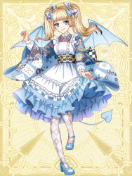 Rule 34 | 1girl, argyle, argyle clothes, argyle legwear, blonde hair, blue dress, blue eyes, blue footwear, blue horns, blue wings, bow, chain paradox, dress, frilled dress, frills, hair bow, highres, horns, natsume alice, pantyhose, skirt hold, smile, standing, standing on one leg, tail, tsukiko (moon arc), twintails, white dress, wide sleeves, wings, yellow background