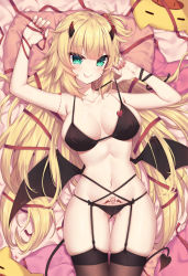 Rule 34 | 1girl, :p, akai haato, alternate costume, bed sheet, bikini, black bikini, black ribbon, black wings, blonde hair, breasts, brown thighhighs, closed mouth, commentary request, demon girl, demon horns, demon tail, demon wings, fingernails, gluteal fold, green eyes, groin, haaton (akai haato), hair ornament, heart, heart hair ornament, highres, hololive, horns, large breasts, lifted by self, long hair, lying, nail polish, navel, neps-l, on back, one side up, pig, pillow, pubic tattoo, red nails, red ribbon, ribbon, signature, skindentation, smile, solo, strap lift, swimsuit, tail, tattoo, thighhighs, tongue, tongue out, very long hair, virtual youtuber, wings