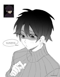 Rule 34 | 1boy, blush, derivative work, english text, grey background, grey sweater, greyscale, highres, long sleeves, male focus, monochrome, pout, screenshot redraw, shaded face, simple background, solo, speech bubble, sweater, tsugino haru, tumblr username, turtleneck, turtleneck sweater, wis (actualfkingvoid), zeno (game)