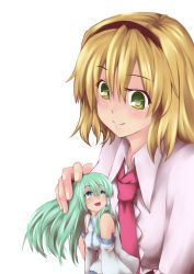 Rule 34 | 2girls, alice margatroid, babato, bad id, bad pixiv id, bare shoulders, blonde hair, blue eyes, detached sleeves, female focus, frog, green eyes, green hair, hair ornament, hairband, happy, headpat, japanese clothes, kochiya sanae, long hair, looking back, looking down, miko, mini person, minigirl, multiple girls, short hair, simple background, size difference, smile, snake, touhou
