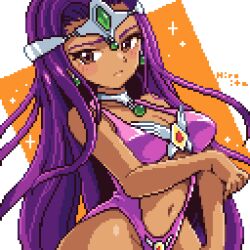 Rule 34 | 1girl, alternate costume, bare hips, blush, breasts, circlet, cleavage, clothing cutout, dark-skinned female, dark skin, dragon quest, dragon quest iv, earrings, embarrassed, forehead jewel, frown, gem, green gemstone, groin, hiroita, holding own arm, jewelry, leotard, light frown, long hair, lowres, minea (dq4), navel, necklace, pink leotard, pink leotard (dq), pixel art, purple hair, shy, solo, sparkle, stomach, stomach cutout