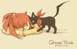 Rule 34 | 1girl, animal, ascot, bat (coumori), capcom, cat, cat (ghost trick), closed eyes, coat, copyright name, dated, english text, ghost trick, head down, lynne (ghost trick), ponytail, red hair, simple background, sissel (ghost trick), sleeping, slit pupils, solo, spoilers, text focus, trench coat