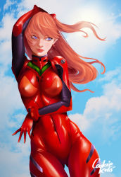 Rule 34 | 1girl, absurdres, artist request, blue eyes, breasts, brown hair, curvy, day, female focus, floating hair, highres, long hair, looking back, medium breasts, neon genesis evangelion, plugsuit, shiny clothes, simple background, sky, smile, solo, souryuu asuka langley, turtleneck, twintails, wide hips, wind