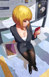 Rule 34 | 1girl, absurdres, arm behind back, black pantyhose, breasts, business suit, cleavage, formal, highres, holding, holding phone, jacket, large breasts, office lady, on bench, original, pantyhose, pencil skirt, phone, shadow, shirt, sitting, skirt, skirt suit, solo, some1else45, suit, suit jacket, white shirt