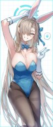 Rule 34 | 1girl, animal ears, aqua leotard, asuna (blue archive), asymmetrical bangs, blue archive, blue bow, blue bowtie, blue halo, bow, bowtie, breasts, cleavage, detached collar, fake animal ears, gloves, hair over one eye, halo, highres, large breasts, leotard, light brown hair, looking at viewer, mole, mole on breast, pantyhose, playboy bunny, rabbit ears, shionty, smile, strapless, strapless leotard, thighband pantyhose, traditional bowtie