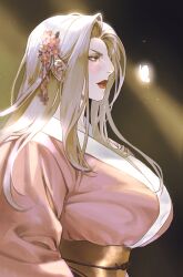 Rule 34 | 14llaann, 1girl, absurdres, breasts, cherry blossoms, final fantasy, final fantasy xiv, flower, from side, hair flower, hair ornament, highres, japanese clothes, kimono, large breasts, long hair, pink kimono, roegadyn, solo, white hair