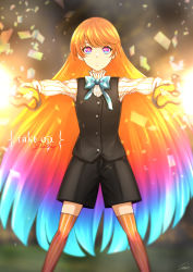 Rule 34 | 1girl, black shorts, black vest, blue bow, blue bowtie, blue hair, bow, bowtie, copyright name, dress shirt, dual wielding, floating hair, gun, highres, holding, holding gun, holding weapon, long hair, looking at viewer, multicolored hair, orange hair, orange thighhighs, parted lips, pink eyes, pink hair, print bow, print bowtie, shirt, shorts, solo, sooma4869, standing, straight hair, striped clothes, striped sleeves, striped thighhighs, takt op., thighhighs, titan (takt op.), vertical-striped clothes, vertical-striped thighhighs, very long hair, vest, weapon, white shirt