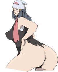 Rule 34 | 1girl, aged up, anal hair, ass, blush, bottomless, breasts, covered erect nipples, creatures (company), dawn (pokemon), dimples of venus, female focus, female pubic hair, game freak, hat, huge ass, long hair, looking back, nezunezu, nintendo, pokemon, pokemon (anime), pubic hair, simple background, solo, uncensored, white background