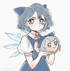 Rule 34 | 1girl, :3, :t, blue bow, blue dress, blue eyes, blue hair, blue ribbon, blush, bow, bright pupils, cirno, closed mouth, collar, dress, hair bow, hair ribbon, ice, ice wings, neck ribbon, pinafore dress, pout, puffy short sleeves, puffy sleeves, red bow, retro artstyle, ribbon, shirt, short hair, short sleeves, skullchimes, sleeveless dress, touhou, upper body, v-shaped eyebrows, white collar, white pupils, white shirt, wings, yukkuri shiteitte ne