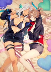 Rule 34 | 2girls, amazuki jou, asymmetrical footwear, azur lane, belt, bikini, bikini top only, black jacket, body markings, bodypaint, boots, breasts, center opening, choker, cleavage, closed eyes, dark-skinned female, dark skin, facial mark, feather hair ornament, feathers, forehead mark, gloves, gradient hair, hair ornament, half gloves, highres, jacket, jean bart (azur lane), knee boots, large breasts, light brown hair, long hair, lying, massachusetts (azur lane), micro shorts, multicolored hair, multiple girls, nail polish, native american, on back, on side, open mouth, ponytail, red eyes, shorts, silver hair, single knee boot, skull, smile, striped clothes, striped thighhighs, swimsuit, thighhighs, thighlet, uneven footwear, vertical-striped clothes, vertical-striped thighhighs, white nails, yuri
