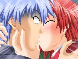 Rule 34 | 1boy, 1girl, blue hair, blush, game cg, hetero, kiss, red hair, sakaki touya, sakurazuka kaoru, yin-yang! x-change alternative