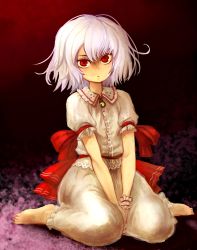 Rule 34 | 1girl, barefoot, full body, gradient background, highres, light purple hair, looking at viewer, no headwear, no wings, omaesan (camp-192), puffy sleeves, red eyes, remilia scarlet, ribbon, sash, shirt, short hair, short sleeves, sitting, skirt, skirt set, solo, touhou